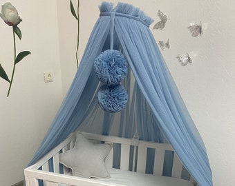 Blue Sheer Crib Canopy, Baby Nursery Baldachin with Holder