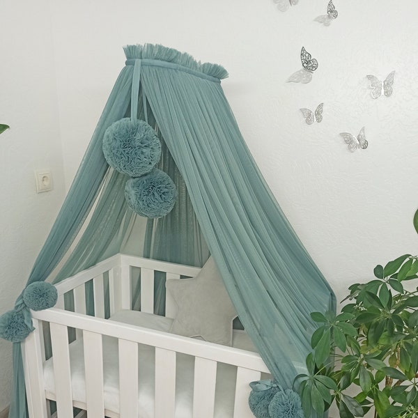 Bed tulle canopy for nursery with 2 pompoms and stand, Kids hanging baldachin for nursery, Crib canopy, Nook baldachin, Toddler canopy