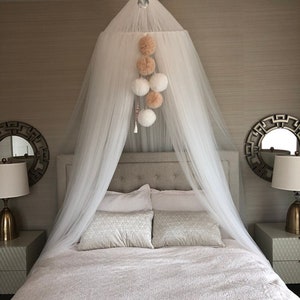 Luxury Bed Canopy with Pompoms, Custom Canopy for Queen Bed, Big Tent for Kids’ Reading Nook or Playroom, Custom Bed Tent for Queen Frame