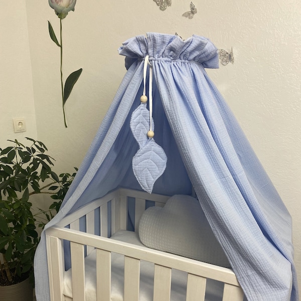 Toddler Canopy with Decor Leaf, Baby Crib Baldachin, Blue Muslin Canopy,  Baby Crib Canopy, Nursery Canopy, Bed Baldachin, Canopy Kids Room