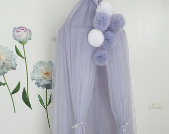 Nursery Canopy with Pompoms, Tulle Baby Room Decor