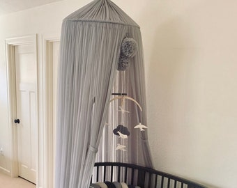 Gray crib canopy, Nursery canopy with pompoms, Baldachin for baby boy, Nursery crib decoration, Reading corner, Play Room сanopy, Baldachin