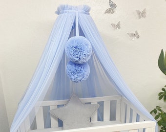Auvent pour lit de bébé personnalisé - baldaquin bleu, auvent pour lit de bébé, auvent pour chambre d'enfant, auvent pour garçons, baldaquin à pompons, baldaquin suspendu pour enfants, baldaquin pour bébé