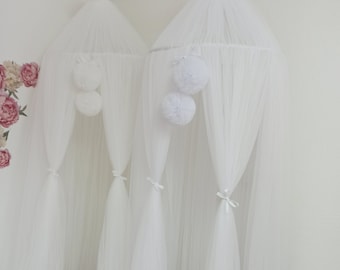 Nursery Crib Canopy, Tulle Baldachin with Pompom Decor