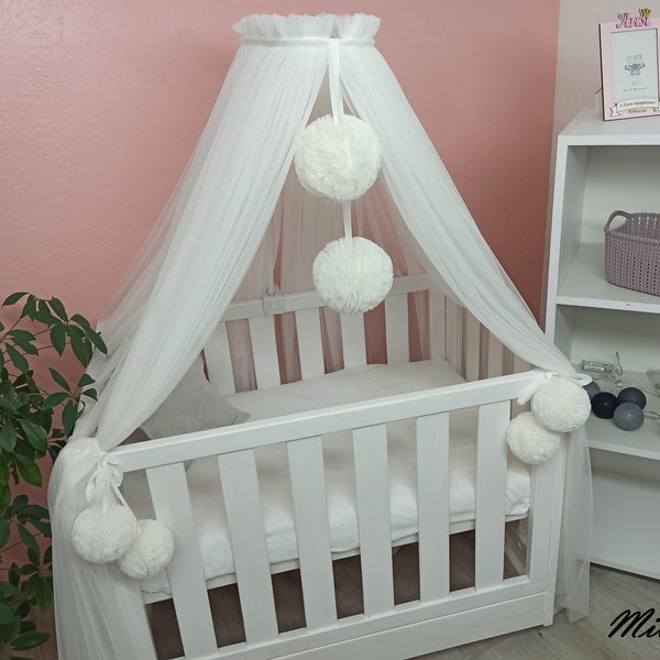 Toddlers canopy for nursery with stand, Crib canopy with pompoms, Cradle canopy, Nook baldachin, Baby girl canopy,  Canopy kids room