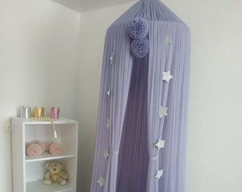 Above Bed Round Canopy, Reading Corner, Sheer Canopy, Nursery Canopy with Pompoms, Princess Bed Canopy, Girls Baldachin, Play Room Canopy