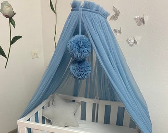Nursery Bed Canopy with Pompoms, Soft Tulle Crib Baldachin