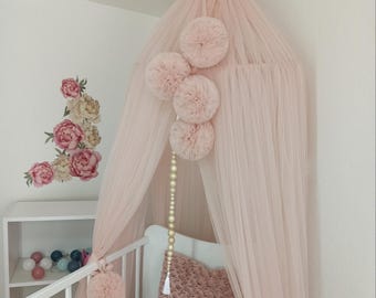 Powder pink bed canopy, Pompom canopy, Baby girl canopy, Nursery canopy, Play room canopy, Princess baldachin, Kids room canopy decoration