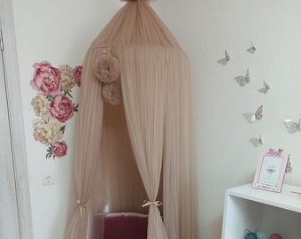 Kids Tulle Canopy with Pompoms, Playroom Reading Nook, Canopy Bed Curtains