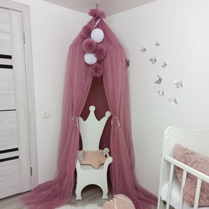 Pompoms canopy for bedroom, Nursery canopy, Reading corner canopy, Kids nursery canopy, Play room canopy, Baldachin for princess Pink canopy