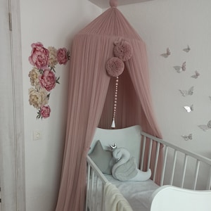 Nursery canopy with pompoms, Playroom canopy, Baby veil for bed, Toddler crib canopy, Nursery baldachin, Princess bed tent, Pink girl canopy