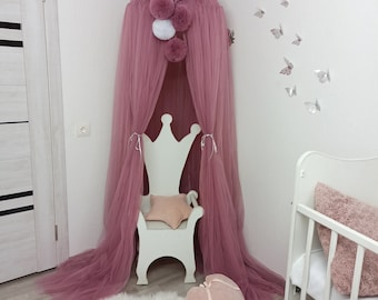 Pink Tulle Canopy with Pom Poms, Princess Nursery Decor, Reading Corner Accent
