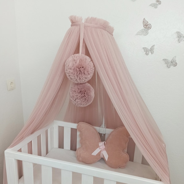 Baldaquin pour chambre de bébé avec pompons, baldaquin suspendu pour enfants, auvent de chambre de bébé, auvent pour garçons pour la décoration, baldaquin pour bébé, auvent de lit de bébé personnalisé