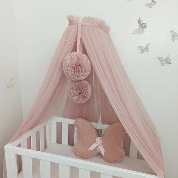 Baldachin for nursery with pompoms, Hanging baldachin for kids, Nursery canopy, Baby trend canopy, Baby baldachin, Custom crib canopy