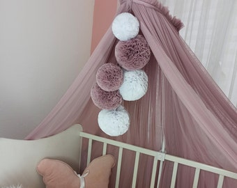 Pink Tulle Baby Crib Canopy with Pompoms for Nursery