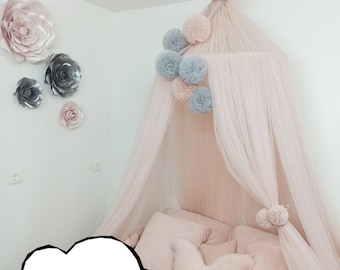 Custom Tulle Bed Canopy with Pompoms, Nursery Reading Nook