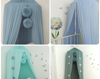 Kids Room Canopy with Pompoms, Tulle Nursery Tent, Boho Bed Canopy for Baby Boy or Girl, Reading Corner Decor, Custom Canopy for Bed Blue