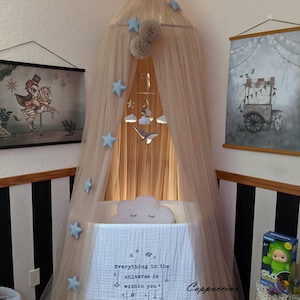 Neutral Tulle Canopy with Pompoms, Kids Bed Canopy for Girl or Boy, Nursery Hanging Tent, Playroom Decor, Reading Nook Baldachin, Play Tent