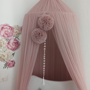 Dusty pink hanging canopy, Princess bed baldachin, Nursery crib canopy, Tulle princess tent, Kids canopy, Canopy bed, Princess bed canopy