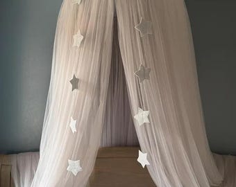 Luxury Bed Canopy with Pompoms, Custom Tulle Queen Canopy, Elegant Bedroom Decor Tent