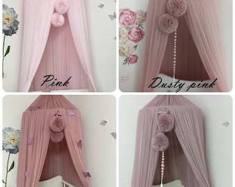 Nursery girls baldachin, Custom canopy with pompoms, Reading nook for girl, Nursery canopy, Beds frame, Play room canopy, Princess canopy