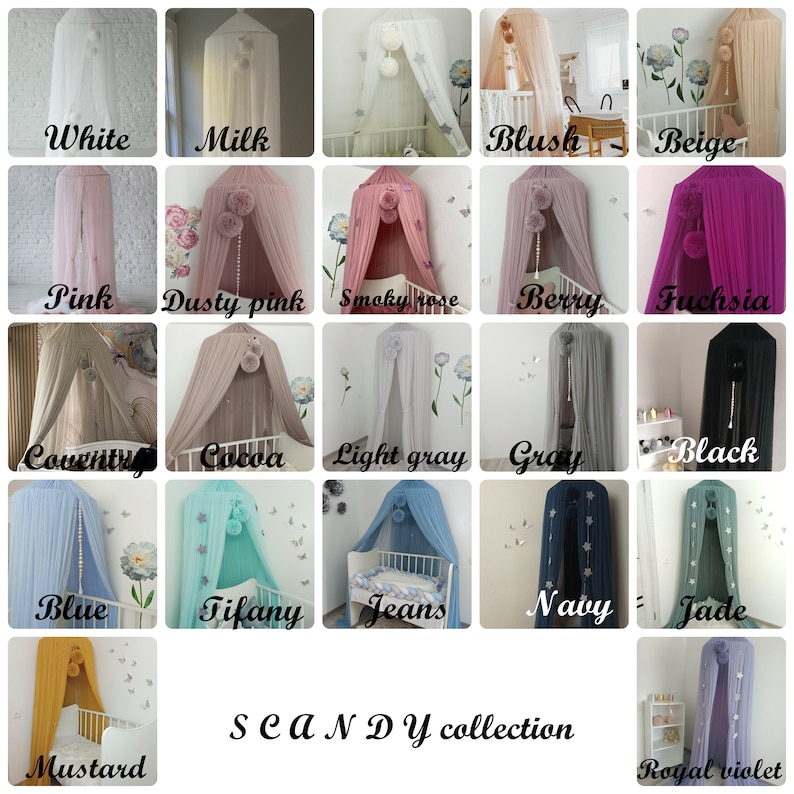 May include: A collection of 16 different colored canopy mosquito nets, each with a different color pom-pom hanging from the top. The colors include white, milk, blush, beige, pink, dusty pink, smoky rose, berry, fuchsia, coventry, cocoa, light gray, gray, black, blue, tiffany, jeans, navy, jade, mustard, and royal violet. The text "SCANDY collection" is printed below the image.