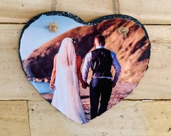 Personalised Heart Shaped Hanging Photo Slate, Photo on Slate, Valentines Day Gift, Photo Rock Slate