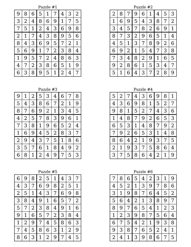 1000 Sudoku Printable Games 1 and 6 per Page. Easy, Medium and Hard ...