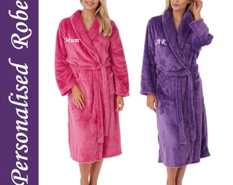 PERSONALISED Ladies Luxury Supersoft Fleece FLUFFY Long Dressing Gown Robe GIFT