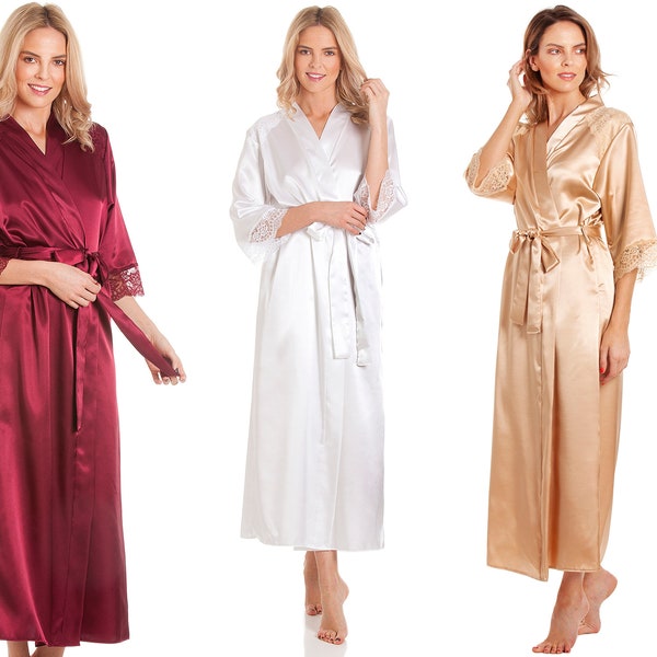 Ladies UK MADE Lace Detailed SATIN Dressing Gown Robe
