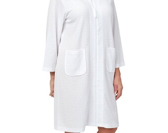 NEW Ladies Belle White Waffle Zip Robe Gown Nightdress With Pockets