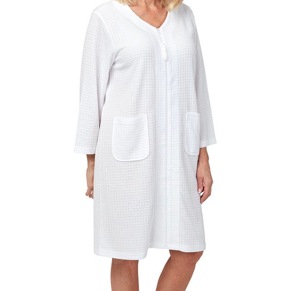 NEW Ladies Belle White Waffle Zip Robe Gown Nightdress With Pockets