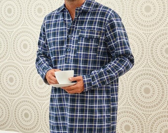Chemise de nuit chaude et douce 100 % coton brossé à carreaux bleus pour homme - CADEAU