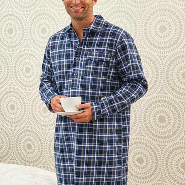Heren warm zacht 100% geborsteld katoen blauw geruit nachthemd pyjama nachtjapon - CADEAU