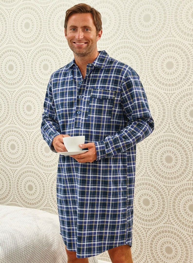 Mens Warm Soft 100 Brushed Cotton Blue Check Nightshirt Etsy Australia
