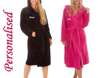 PERSONALISED Ladies Supersoft Fleece HOODED Dressing Gown Robe - GIFT