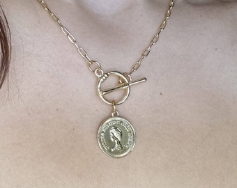 Gold coin necklace, T BAR choker necklace, Toggle clasp pendant, gold medallion necklace for women, coin pendant for women, gold medallion