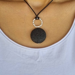Black, round, natural lava stone necklace. Short black stone drop pendant necklace, choker with black and silver pendant,statement necklace
