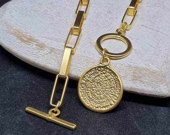 Gold chunky statement Greek coin necklace, Toggle clasp T bar lariat coin necklace,  links chain, ancient greek coin,  paper clip necklace