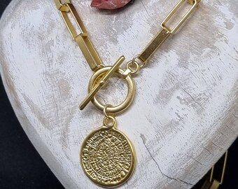 Collier de pièce de monnaie de déclaration d'or, fermoir à bascule T bar collier de pièce de monnaie chunky lariat, chaîne de liens, chaîne de trombone de pièce d'or, collier de trombone