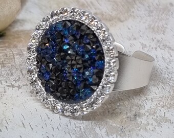 Blue Swarovski crystal ring, silver Crystal Ring, fashion ring, statement ring, adjustable ring