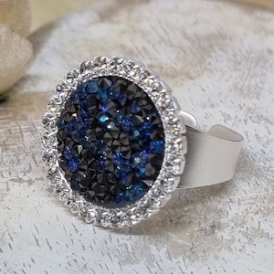Blue Swarovski crystal ring, silver Crystal Ring, fashion ring, statement ring, adjustable ring
