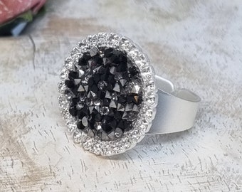 Black Swarovski crystal ring, Swarovski crystal rocks ring, Crystal Ring, fashion ring,statement ring, adjustable ring, swarovski jewelry