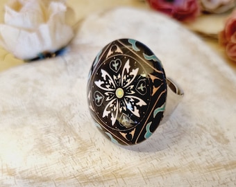 cameo glazen ring, geometrische print glazen ring, glazen cabochon ring