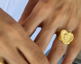 Gold signet ring , gold plated heart ring , heart shaped coin ring , gold stackable heart ring, signet jewelry, adjustable signet ring