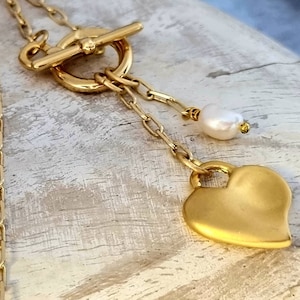 Gold Heart Necklace with white pearl, 24k gold Thin Link Chain Necklace, Toggle Necklace, T-bar clasp heart necklace, Valentine Gift