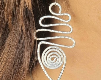 Big, statement, long silver wire dangle earrings. Bohemian Lightweight long wire earrings. Abstract Wire jewelry.