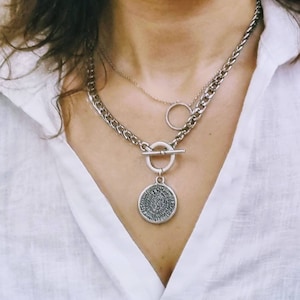 Silver statement coin necklace, Toggle T bar chunky chain lariat coin necklace, silver oxidized, curb chain with ancient Phaistos greek coin