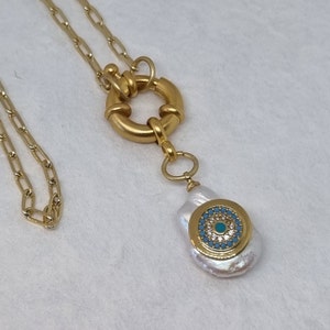Single pearl necklace, chunky gold T BAR clasp necklace, dainty pearl necklace, layering gold necklace.