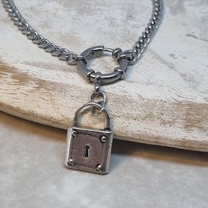 Curb Chain Padlock Necklace / Stainless Steel / Non Tarnish /Hypoallergenic/ Front-Clasp silver Chain Necklace, stainless steel chain